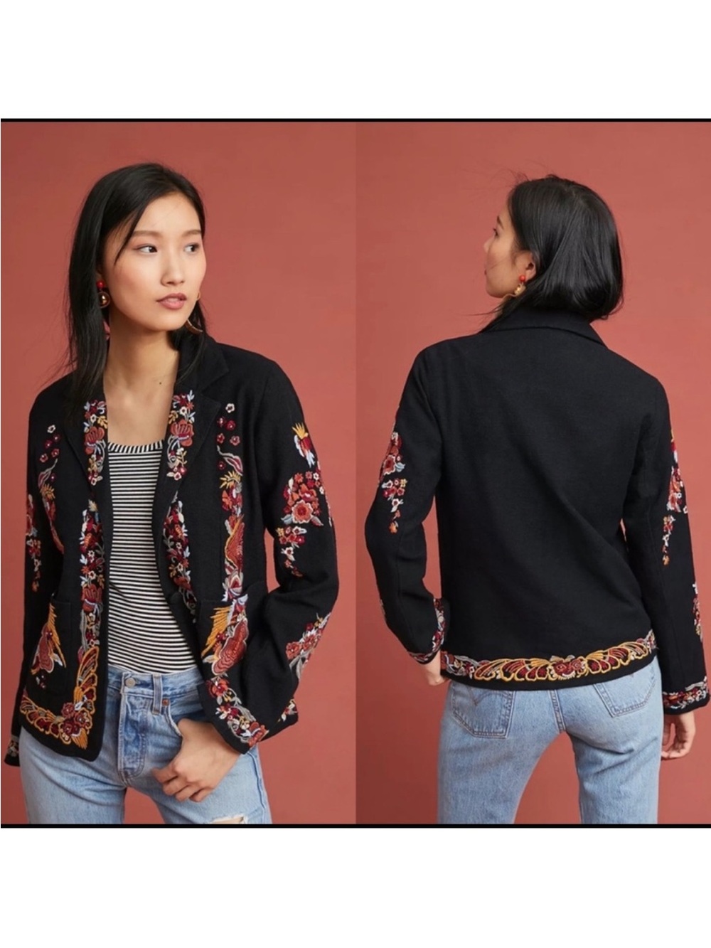 Anthropologie- Maeve Black Embroidered Floral Blazer